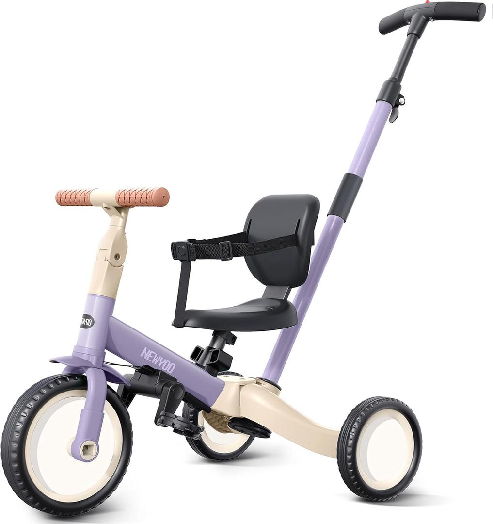Newyoo Toddler Tricycle with Push Handle for 1-3 Year Old, Toddler Bike, Birthday Toy for Boys and Girls, 5 in 1 Kids Trike, Balance Bike with Backrest and Safety Belt, Purple, TR007