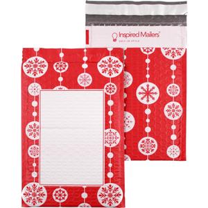 Bubble Mailers 6x9" - Red Snowflake Baubles with Writable Area - 25 Pack - Holiday Poly Padded Envelopes and Bubble Shipping Mailers