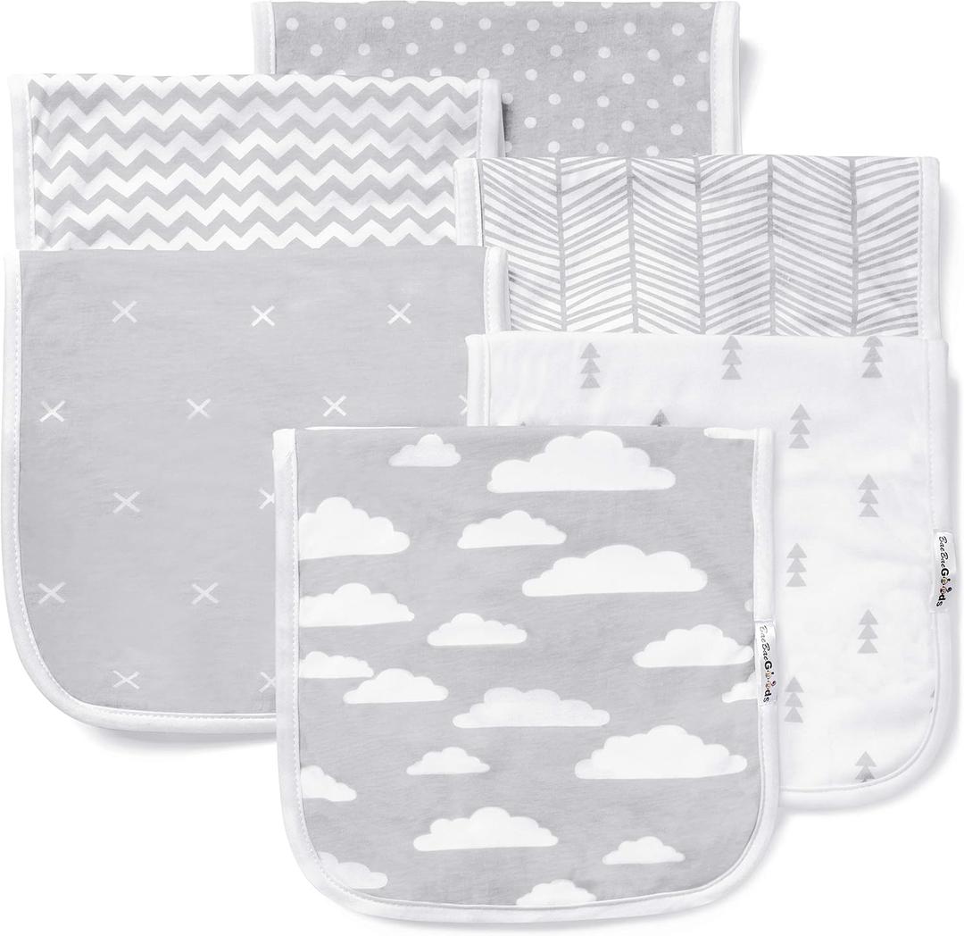 Burp Cloths for Baby Girl - Ultra Absorbent Burping Rags - Anti Shrink Unisex Burpy Clothes - Super Soft Jersey Cotton, Large 21"x10" - Thick for Newborn Cloth Diapers - 6 Pack by Baebae Goods (Grey Clouds)