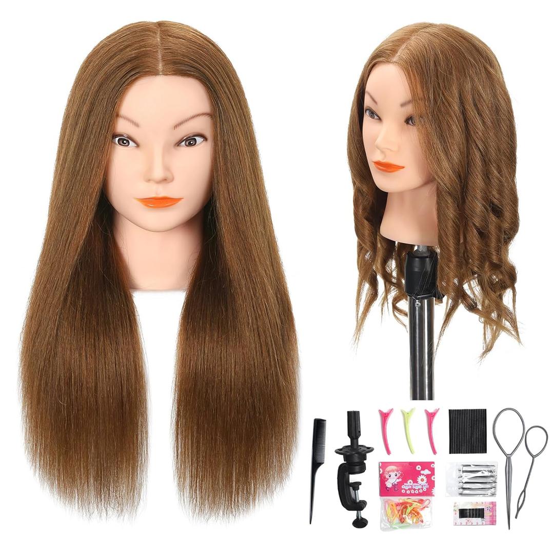 Mannequin Head with 100% Real Human Hair Cosmetology Mannequin Doll Head for Practice Braiding Hairdresser Head with Stand and Tool (#Light Brown)