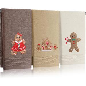 3 Pcs Christmas Gingerbread Man Hand Towels Farmhouse Gingerbread House Embroidered Brown Decorative Towels for Bathroom Kitchen Decor Winter Set, 100% Cotton, 13.4 x 29''