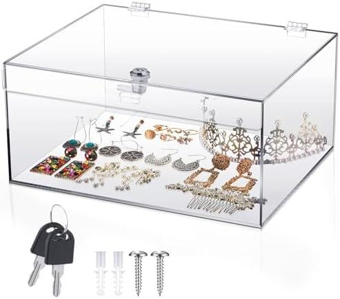 Wonderjune Clear Acrylic Locking Display Case with Keys Large Medication Lock Box Snack Fridge Lock Acrylic Figure Display Case Storage Box for Collectibles Figures Jewelry Toy(12.2" X 5.75" X 4.6")