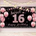 Sweet 16 Birthday Decorations Backdrop Banner, Happy 16th Birthday Decorations for Girls, Rose Gold Pink Sweet Sixteen Party Decoration, Sweet 16 Yard Sign Photo Props for Outdoor Indoor, Vicycaty