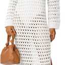 Saodimallsu Womens Crochet Swimsuit Cover Up V Neck Collared Long Sleeve Mesh Knit Long Beach Coverup Maxi Dress (White)