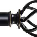 KAMANINA Black Curtain Rod 32 to 58 inch(2.6-4.8ft), 1 inch Adjustable Single Curtain Rods for Windows 28 to 48 inch, Decorative Drapery Rod with Twisted Cage Finials