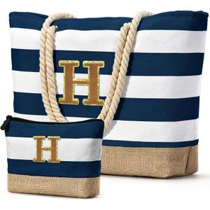 Becokan Beach Bag Initial Beach Tote with Makeup Bag for Travel Work Storage Personalized Birthday Gifts for Women Her (Dark Blue 2 Pcs)