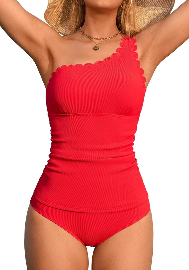 ANFILIA One Shoulder Two Piece Tankini Swimsuits for Women Tummy Control Bathing Suit Scalloped Tankini Top with Bottom (Medium, Red)