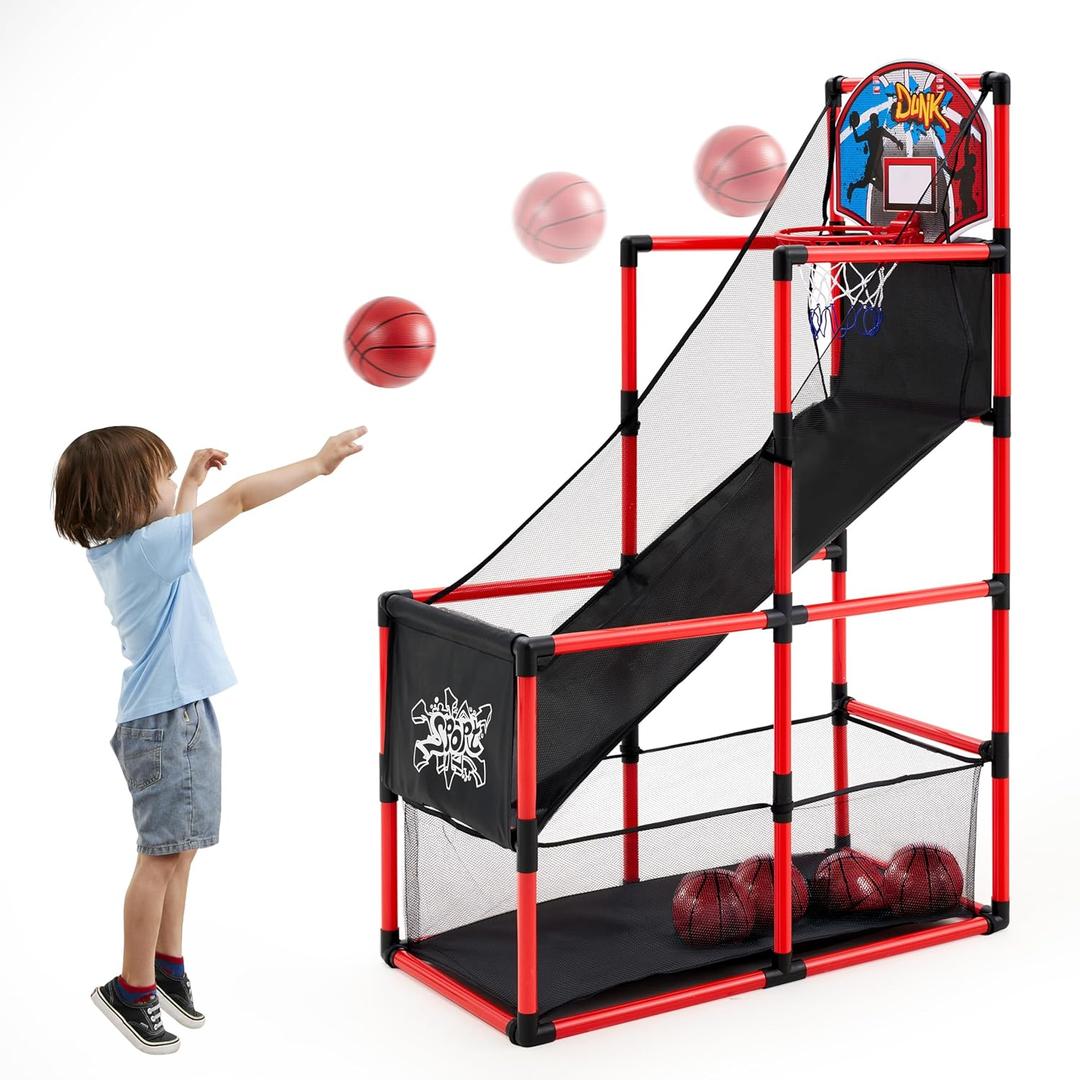 JOYIN Red Arcade Basketball Game Set, Indoor Basketball Hoop for Kids 3 to 12 Years Old, Easy Set Up Sports Toy with 4 Balls, Gifts for Boys and Girls