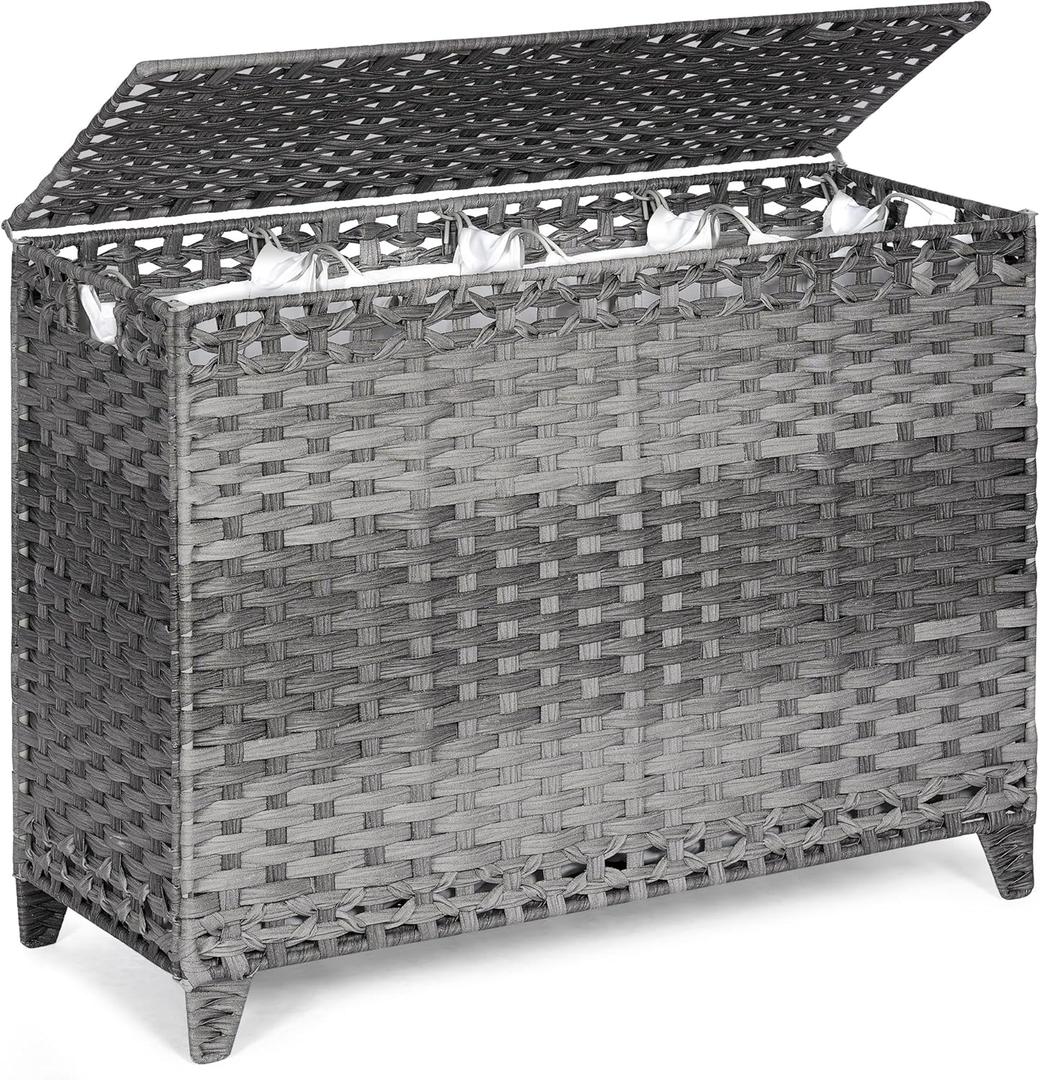 Laundry Hamper with 4 Removable Liner Bags; 176L Handwoven Rattan Laundry Basket with Lid & Heightened Feet; Clothes Hamper with Side Handles, 176L-4 Section