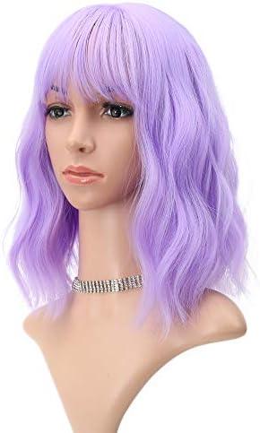Amazon.com : FAELBATY Short Wavy Purple Wigs With Air Bangs Shoulder Length Wig For Women Girls Curly Wavy Synthetic Halloween Cosplay Costume Wigs (12" Purple) : Beauty & Personal Care