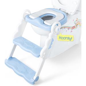 Musical & Sound Toddler Potty Training Seat w/Step Stool Ladder - Collapsible & Adjustable Toilet, Pre Assembled Toddler Toilet Seat w/Music & Sounds - Splash Guard & Anti-Slip Steps - Blue