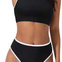 SUUKSESS Women High Waisted Bikini Sets High Neck Sporty Two Piece Swimsuits (Medium, 170 Black White)
