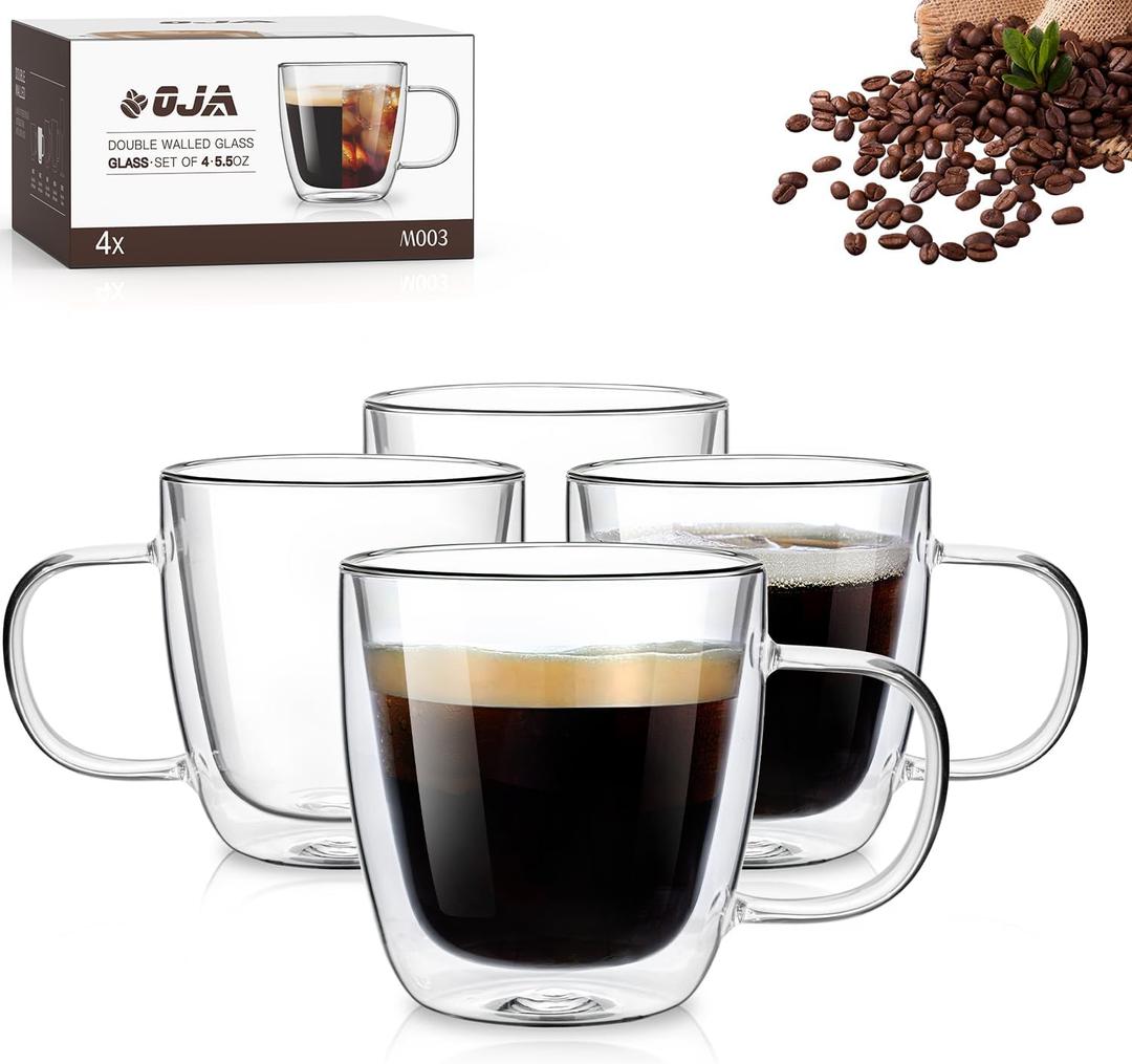 Double Walled Espresso Cups Set of 4, Hand Blown 5.5OZ Espresso Shots Glass, Coffee Mugs with Handle Perfect for Latte, Cappuccino, Tea