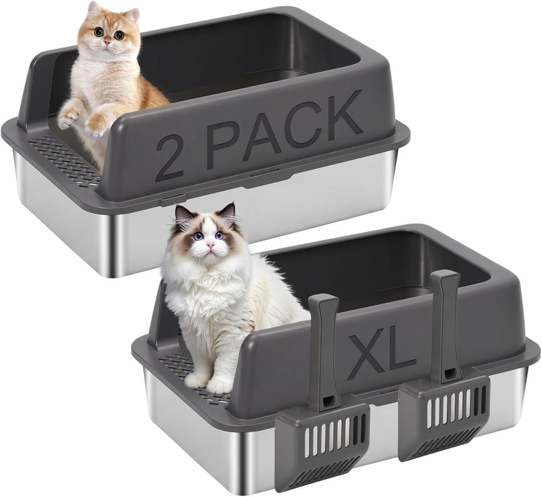 2 Pack Stainless Steel Open Cat Litter Box with High Sides, Large Cat Litter Tray for Big Cats, Metal Litter Box, Easy Cleaning, Include Scoop, 24" L x 16" W x 9.8" H(Dark Gray)
