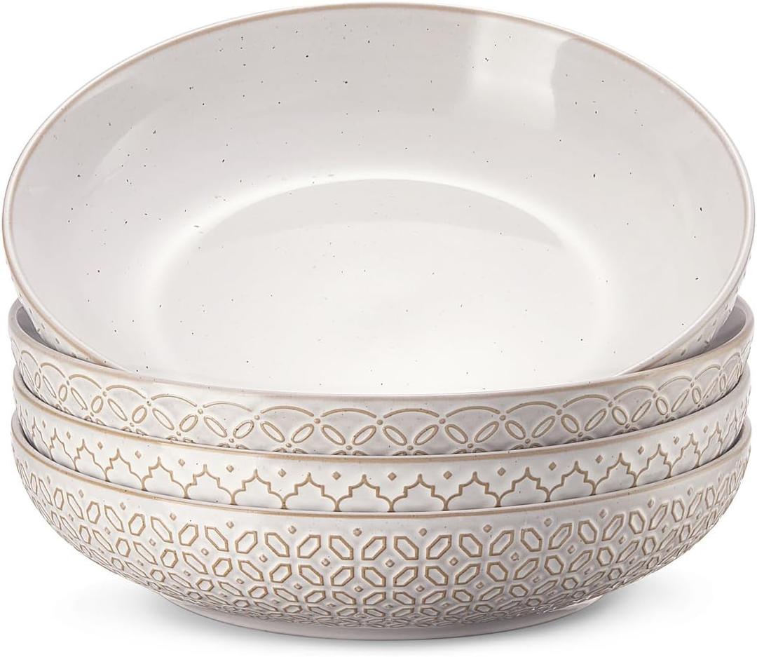 DOWAN 9.75" Pasta Bowls Set of 4 with Embossed Reactive Glaze, 56oz Large Shallow White Ceramic Salad Bowls, Wide Dinner Bowls for Pasta, Soup & Stew, Microwave & Dishwasher Safe, Housewarming Gift