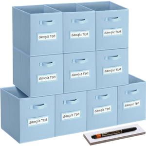 13x13x13 storage cube bins (Set of 10) Fabric storage cubes with 10 Labels Window Cards & a Pen, storage cubes 13x13, Collapsible 13 inch cube storage bins, Cubby Organizer Boxes, Pastel Blue
