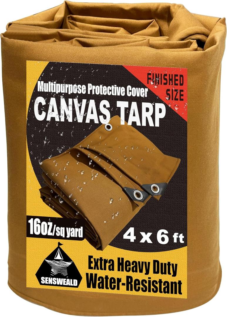 Small Heavy Duty Canvas Tarp 4x6 Feet 16oz Water-Resistant Canvas Tarp with GrommetsTear Resistant, Durable, Multipurpose Protective Tan Cover for Camping, Tent, Car