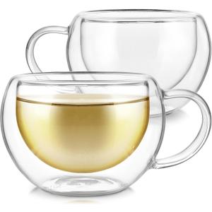Teabloom Modern Classic Insulated Cups  6 oz / 200 ml  Set of 2 Double Walled Glass Cups for Tea or Coffee (2 Count (Pack of 1))