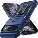 DEERLAMN Case for Google Pixel 9/9 Pro with Slide Camera Cover+Screen Protector(1 Pack), Rotated Ring Kickstand Military Grade Shockproof Protective Cover-Navy Blue