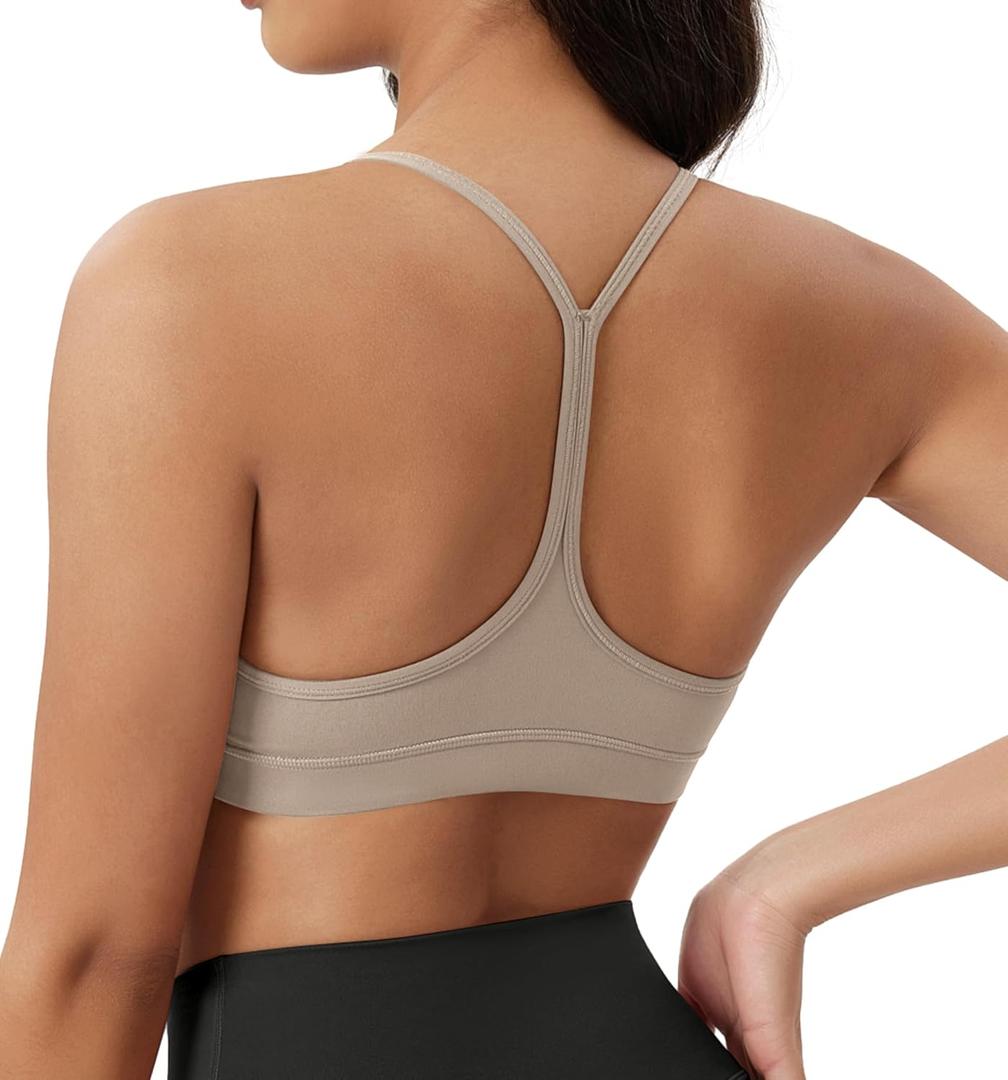 ODODOS Cloud Feeling Y Racerback Sports Bra for Women Wirefree Padded Strappy Yoga Bra (Small, Shaker Beige)