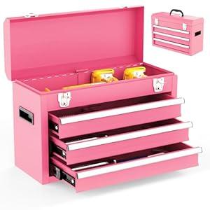 3 Drawer Metal Tool Box, Portable Metal Tool Box with EVC Liners and Latches Closure, Heavy Duty Steel Tool Chest with Ball Bearing Opening and Powder Coated Finish, Black