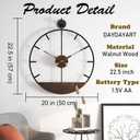 Modern Wood Walnut Dial Wall Clock, Large Simple Wall Decor Metal Frame Silent Non Ticking Clock for Living Room Decor, Kitchen, Bedroom, Study Decoration, Handmade Home Gift Idea, 22.5 in