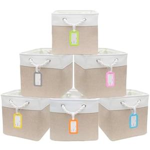 MANCHUANG 4 Pack Cube Storage Bins, 11 x 11 Inch Stitching Color Collapsible Fabric Storage Basket with Ropes, Foldable Storage Cubes for Home, Office,Closet, Clothes (White & Beige)