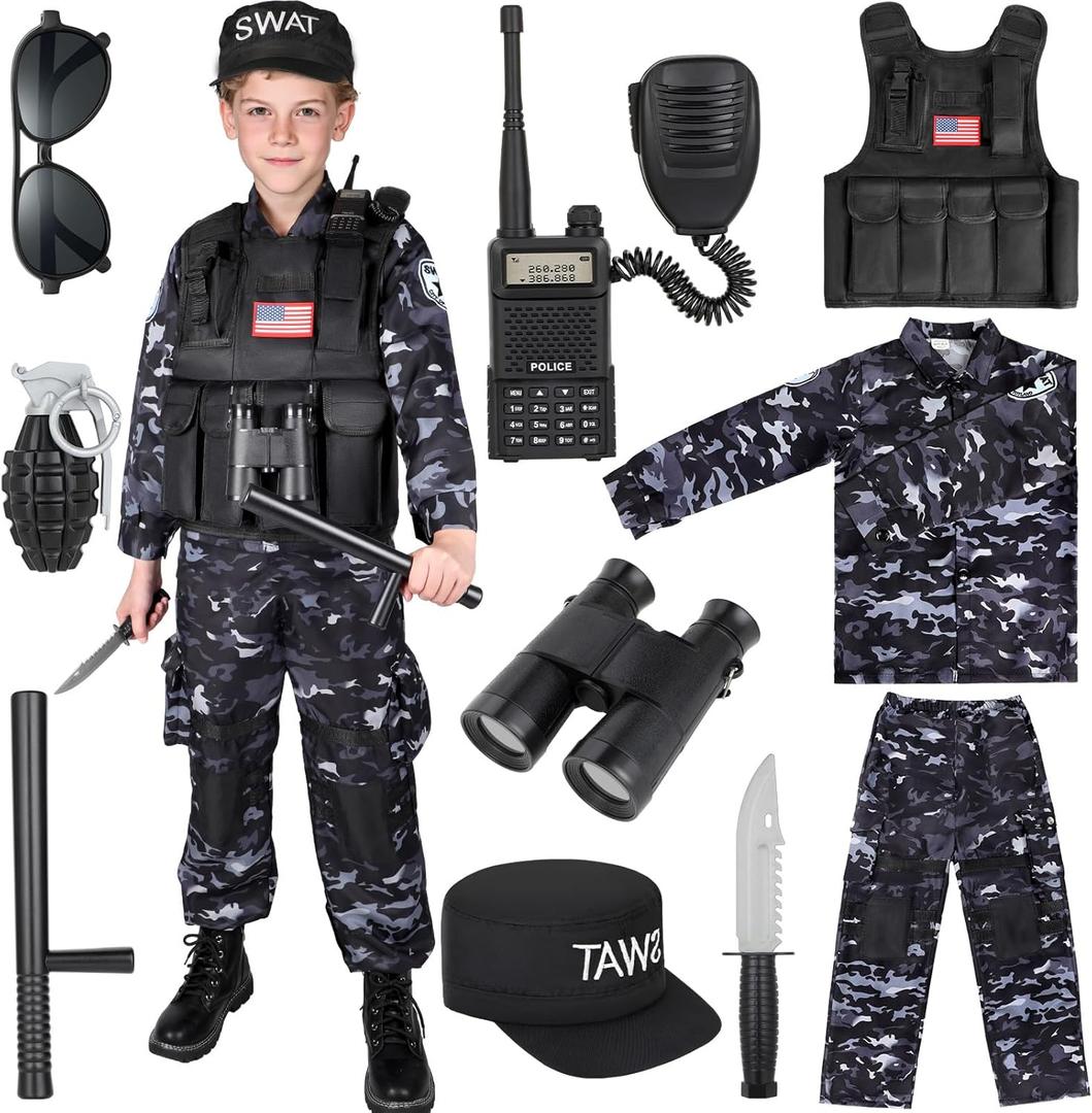 Luucio SWAT Police Costume for Kids, Kids Police Officer Costume for Boys with SWAT Vest, Halloween Costumes for Boys Girls (Medium-(5-7 Year))
