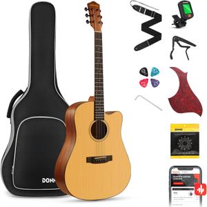 Donner 41 Acoustic Guitar Bundle for Beginners Adults with Online Lesson, 4/4 Full Size Steel Acustica Guitarra with Gig Bag, Tuner, Strap, Strings, Picks, Capos, Cutaway, Natural, DAG-1C/DAD-110C
