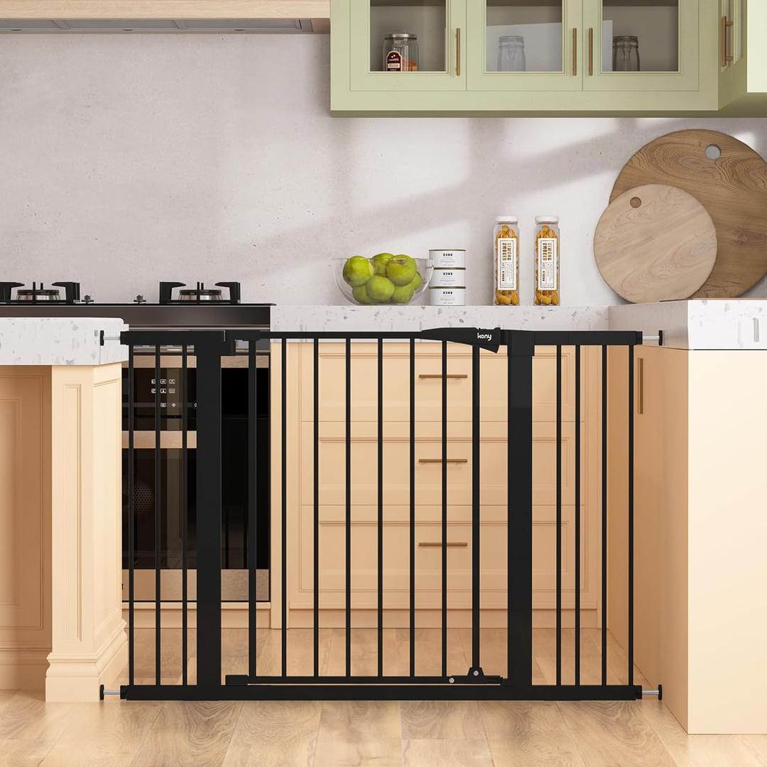 Keny 29.7"-46" Baby Gate for Stairs, Auto Close Dog Gates for Doorways, Pressured Mounted No Drilling Pet Gate Extra Wide, One-Hand Opening Dual Lock Stair Gate, Indoor Kids Necessities, Black
