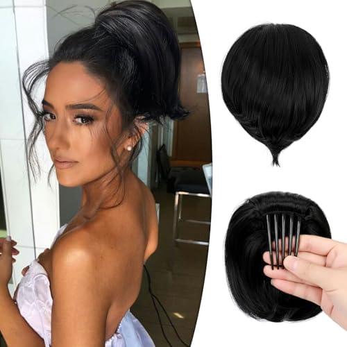 Wodelanle Hair Bun Hair Piece Short Ponytail Extension Drawstring Straight Hair Buns with Comb Bun Updo Fake Hair Piece for Women Fake Pony(Dark Black) 28"