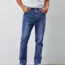 Mens Elastic Waist Jeans Relaxed Fit Stretch Denim Pants Straight Leg Jean with Zipper (Blue, XL)