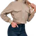 Fisoew Women's Cropped Bomber Jackets Lightweight Zip Up Stand Collar Long Sleeve Short Jacket with Pockets