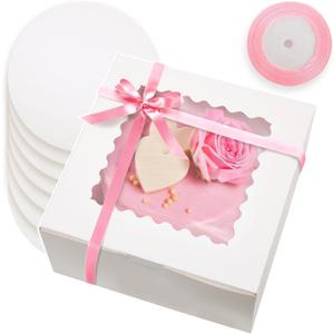 Bakepacker 36pcs 8x8x5 Inches Cake Boxes with Window 18-Packs White 8 Inch Bakery Boxes (18 Cake boxes +18 Cake Boards+10 Meters Silk Ribbon Includes)