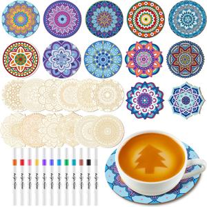 Patelai 24 Pcs Rangoli Coaster Kit Wooden Mandala Painting Set with Markers for Crafts Unfinished Color Your Own DIY Coaster for Adults Wedding Home Ornament Decor