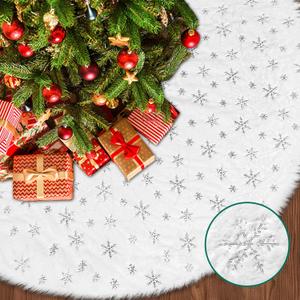Christmas Tree Skirt Extra Large 84 Inch White Plush Faux Fur Sliver Snowflake Sequin Snow Xmas Tree Skirts Thick Blanket Rug Party for Indoor Holiday Home Garden