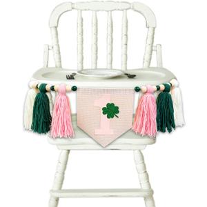 VANGNING Lucky One 1st Birthday Tassel High chair Banner - St Patrick's Day Highchair Decoration, Shamrock First Birthday Party Sign, Clover Cake Smash Pennant (Pink Tassel)