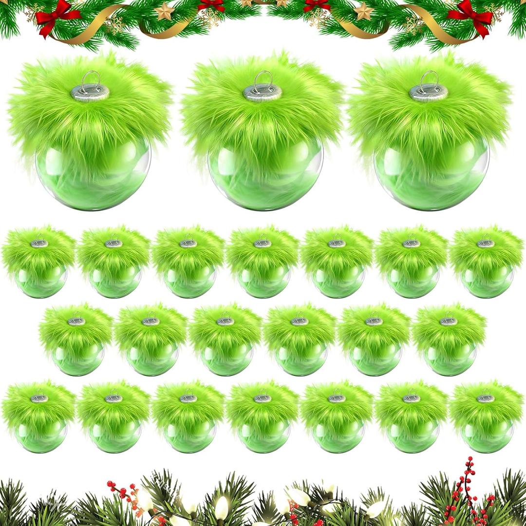 Soulchen 24 Pcs Lime Green Christmas Flat Ball Ornaments 2.36 Inch Green Flat Ball with Fuzzy Hair Hanging Ornament for Xmas Christmas Trees Fireplace Decorations, DIY Crafts