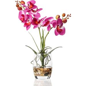 Jusdreen 1 Pcs Glass Vase Artificial Orchid Flower Bonsai Vivid Phalaenopsis Flowers Potting for Home Office Dcor, Table Centerpiece Room Decorations 14.5"(Glass Vase/Purple Orchid) (Glass-purple)