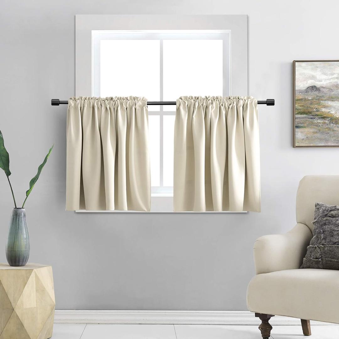 DONREN 24 by 24 Inches Long Small Tier Cabinet Curtains for Kitchen Thermal Insulated Half Long Pure White Short Drapes for Basement Bathroom Window Covering 1 Pair Beige