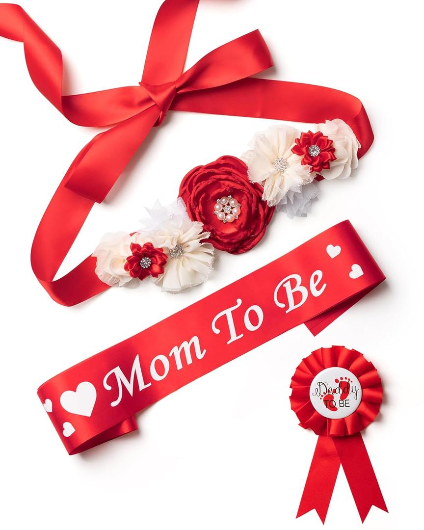 BumpPetal Flower Sash Set - Baby Shower Mom to Be Daddy to Be Corsage Pin - Flower Belt for Maternity Dress - Pregnancy Photo Props Supplies (Deep Red)