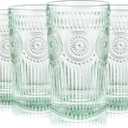 CREATIVELAND Colored Vintage Drinking Glasses Set of 4, 11.84 oz Romantic Embossed Water Glasses, Colored Tumblers Tempered Glass for Juice, Beverages, Beer, Cocktail (Green)