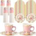 Tioncy 100 Pcs Tea Party Decorations Include 50 Pieces 9 oz Paper Tea Cups with Handle and 50 Plates Disposable Teacups and Saucers Sets for Birthday(Blossom) (Pink)