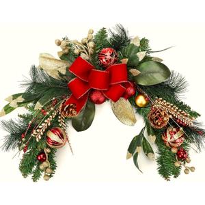 Suncalla 24 Inch Christmas Swag Decoration Christmas Table Centerpiece Artificial Decorative Swag with Berries Pine Cone Red Bow Xmas Balls for Table Fireplace Mantel Front Door Wall Windows Decor
