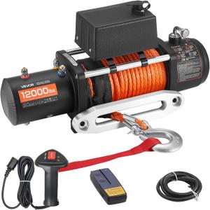 VEVOR Electric Winch, 12000 lbs Load Capacity, 12V DC Truck Winch with 0.36 in x 75.5 ft Synthetic Rope, Wireless & Wired Remote Control, IP55 Waterproof for Towing Off-Road SUV Jeep Trailer