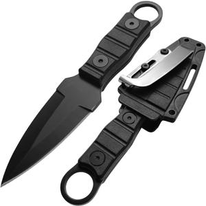 Small Fixed Blade Knife with Sheath and Pocket Clip - 6.7" Camping Hiking Survival Knives Outdoor EDC Tools, Gifts for Men, Dads, Him (Black)