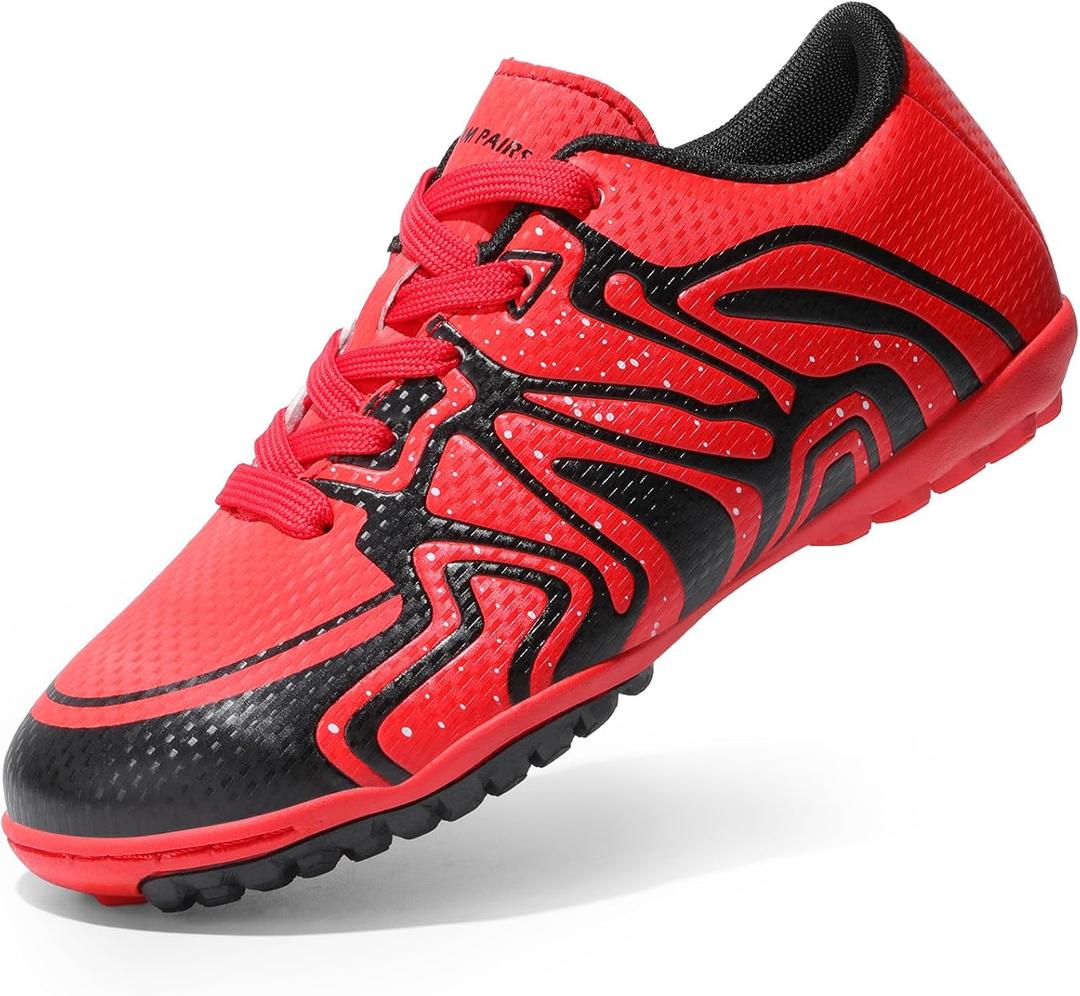 DREAM PAIRS Boys Girls Indoor Turf Soccer Cleats Lace Up Athletic Youth Futsal Football Shoes for Little/ Big Kid, Size 4 Big Kid, Red/ Black/ White, SDSO2413K