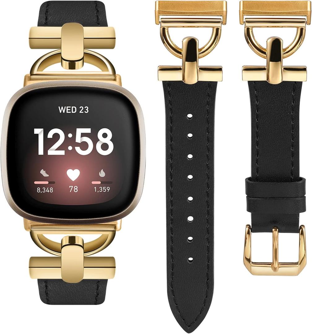 Wearlizer Leather Band Compatible with Fitbit Versa 4 Bands for Woman/Versa 3/Sense 2/Sense Bands Women, Dressy Leather Strap with D-Shape Metal Buckle Smartwatch Wristband Black/Gold