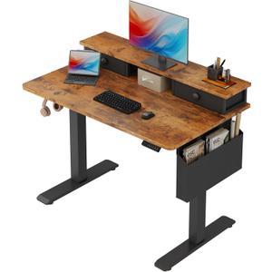 Electric Standing Desk Adjustable Height - 40 Inch Sit Stand Desk with Storage Drawers , Small Standing Desks with Shelf Monitor Stand, Kids Girls Computer Desks for Bedroom Home Office, Rustic Brown, 39.4''