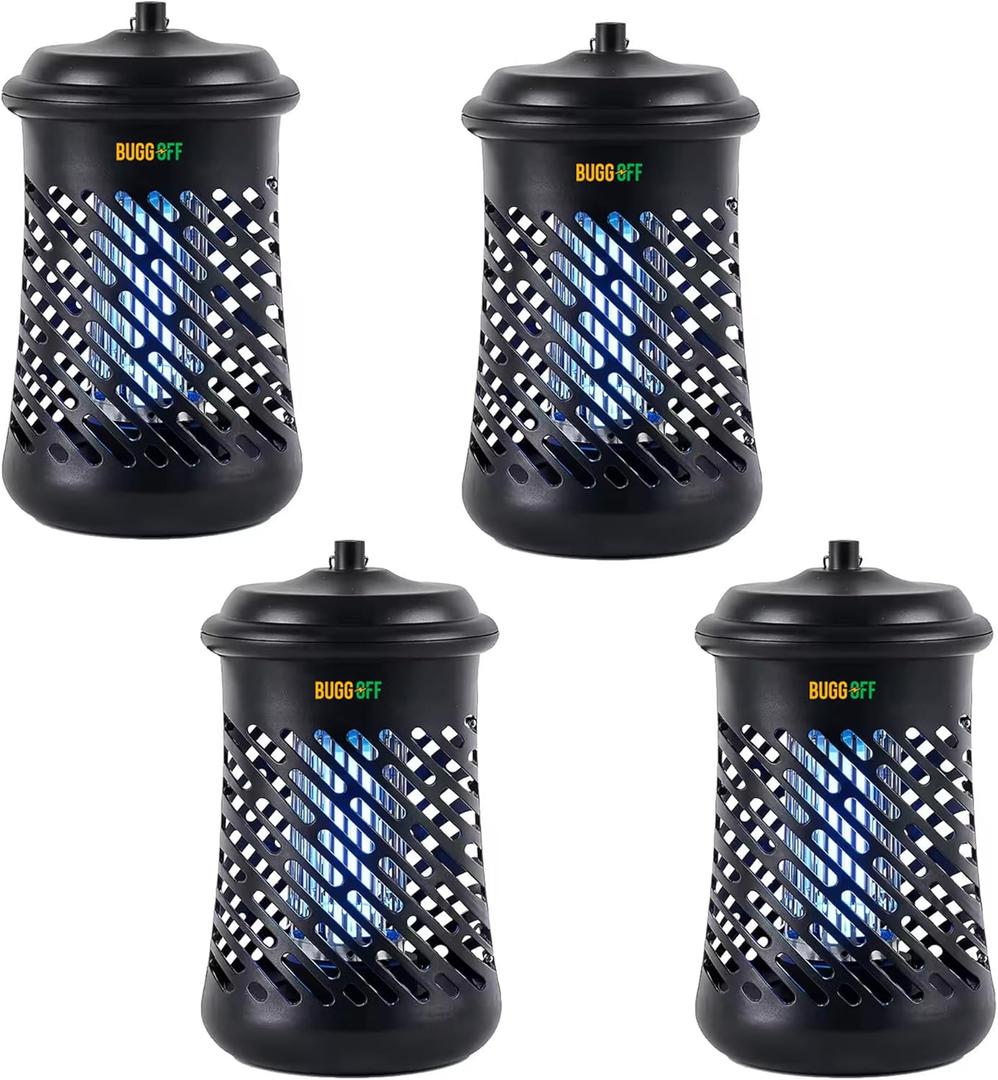 BUGGOFF Outdoor Electric Bug Zapper, 800 SQFT Coverage, 3500 Volts of Power, 20 Watts, Kills Mosquitos Gnats, Flys & More. Damp Rated, Unique 360 Degree Design (4 Pack)